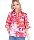 Joy Joy - Trimmed Split Neck Top: Crimson Print - Shorely Chic Boutique