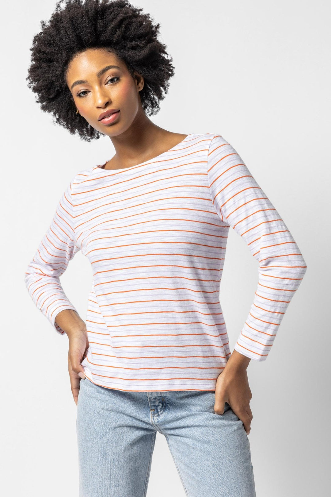 Lilla P - 3/4 Sleeve Striped Boatneck: Tangelo/Lily - Shorely Chic Boutique
