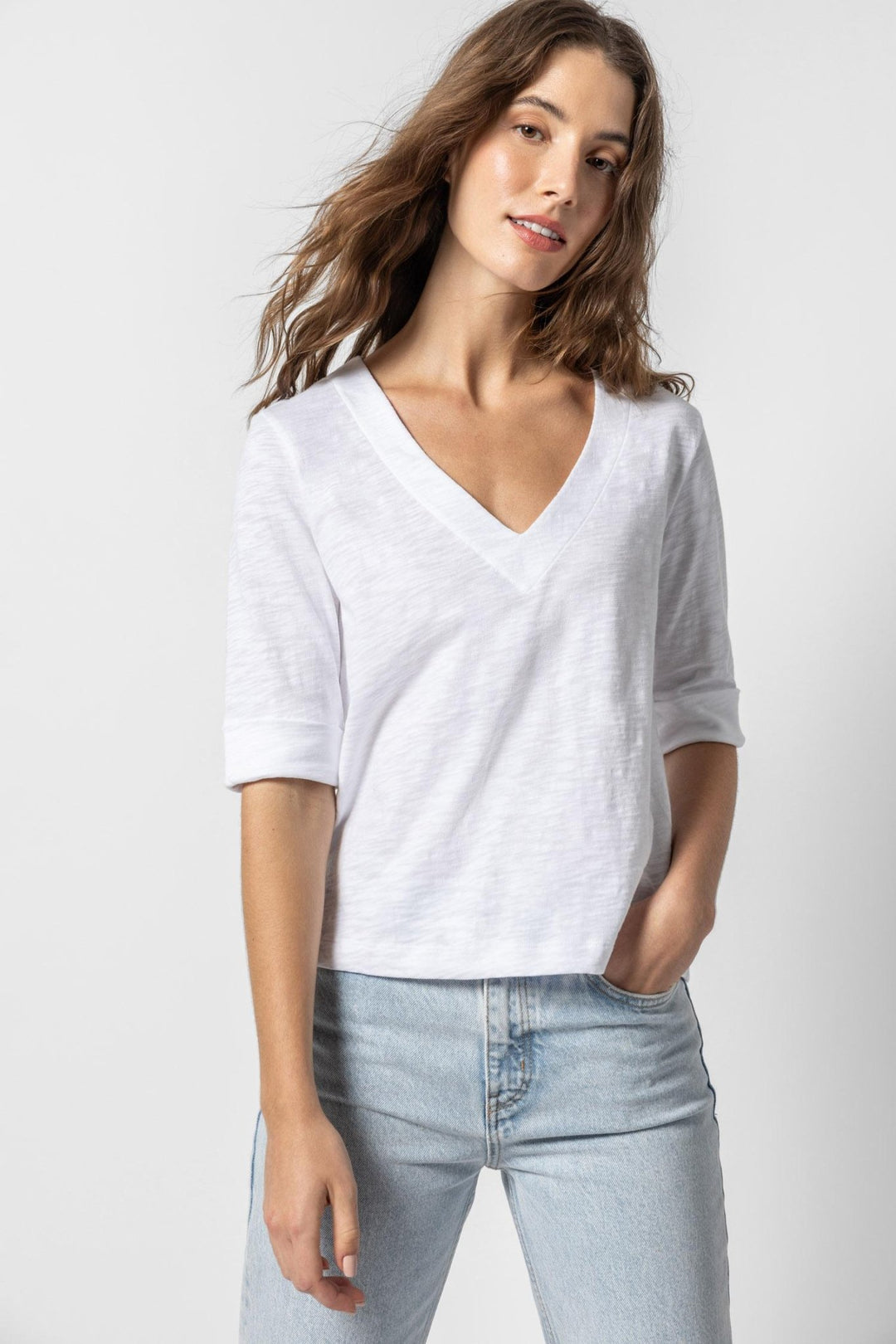 Lilla P - Cuffed Cotton Slub Elbow Sleeve V-Neck: White - Shorely Chic Boutique