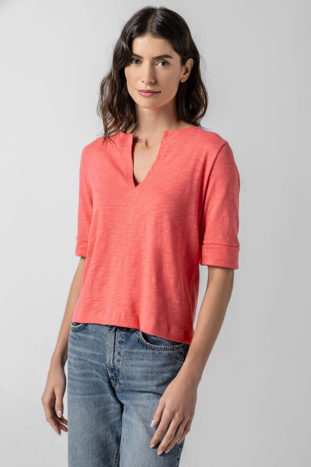 Lilla P - Cuffed Elbow Sleeve Split Neck Tee: Reef - Shorely Chic Boutique