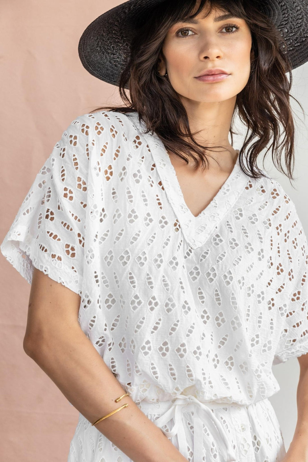 Lilla P - Eyelet Drawstring Dolman V-Neck: White - Shorely Chic Boutique