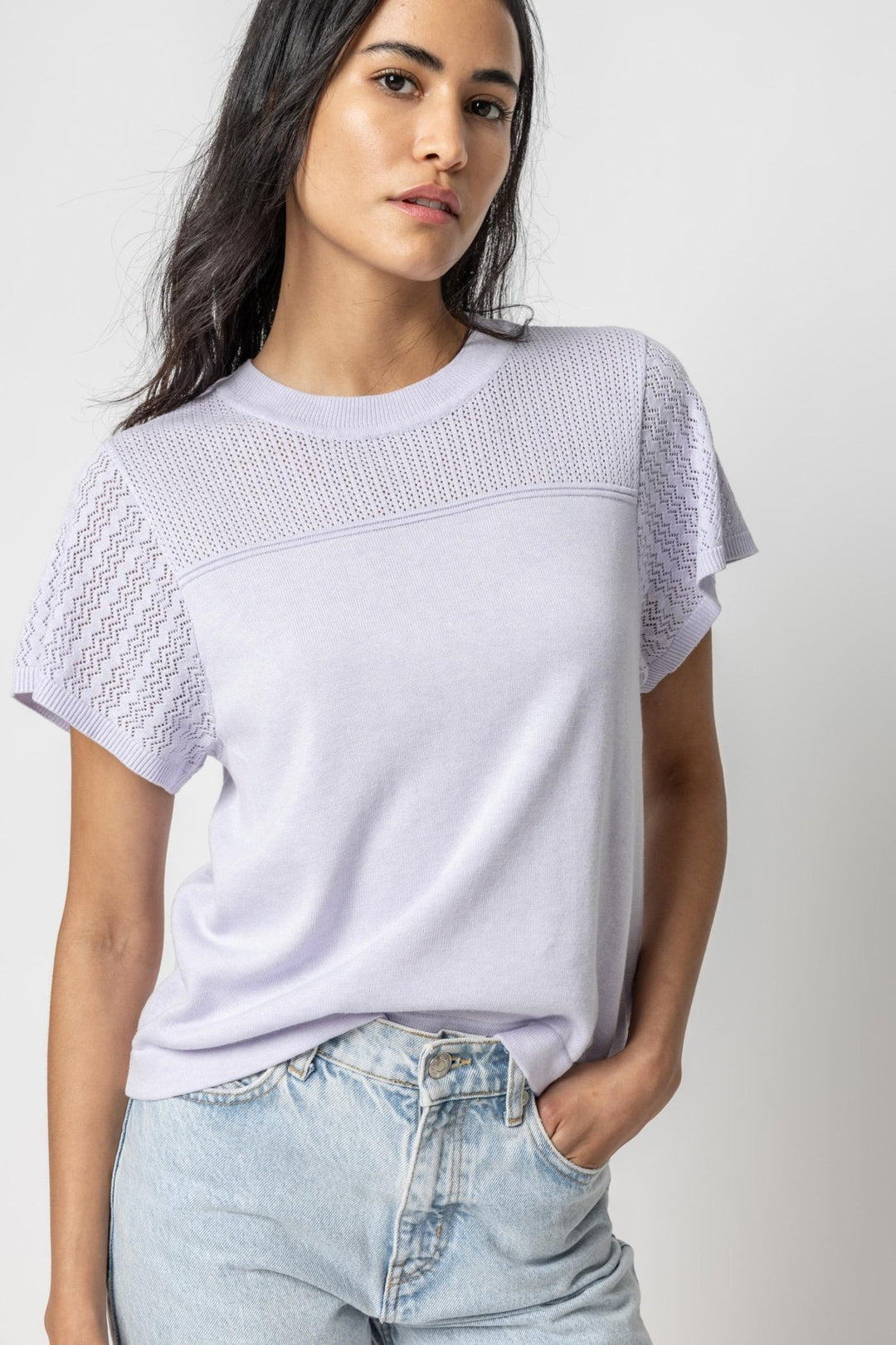 Lilla P - Pointelle Crewneck Sweater: Lilac - Shorely Chic Boutique