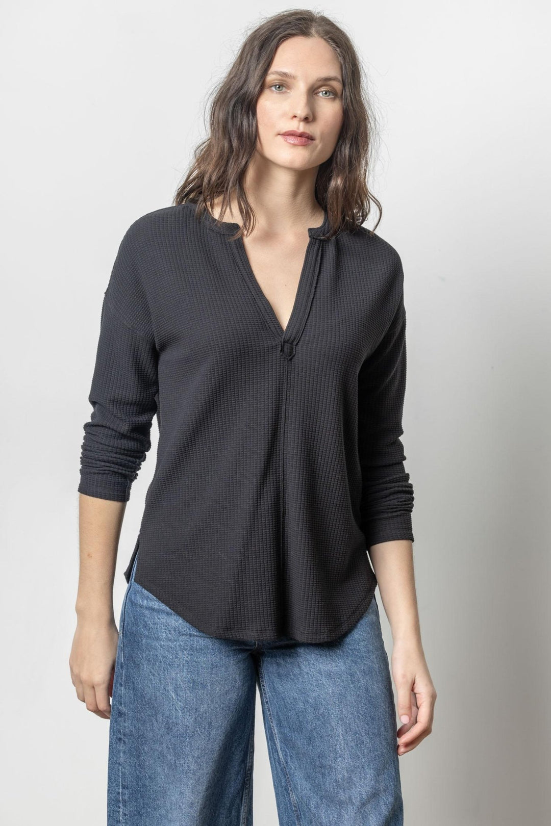 Lilla P - Shirttail Split Neck Hem L/S Waffle: Black - Shorely Chic Boutique