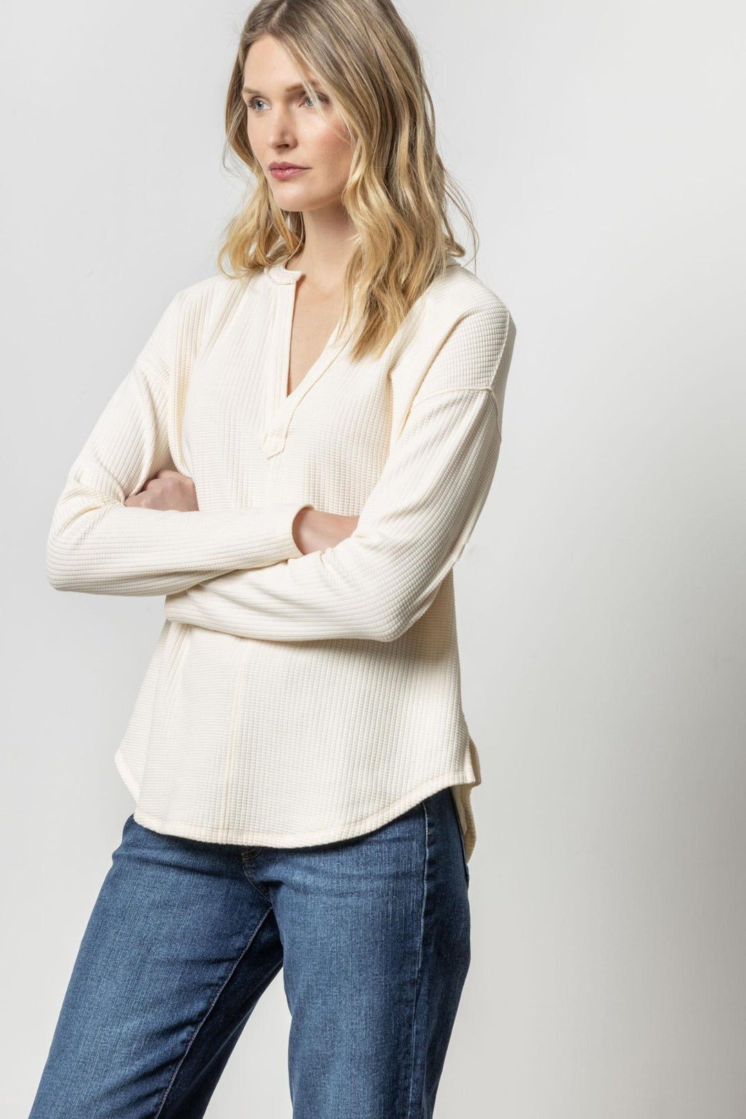 Lilla P - Shirttail Split Neck Hem L/S Waffle: Talc - Shorely Chic Boutique