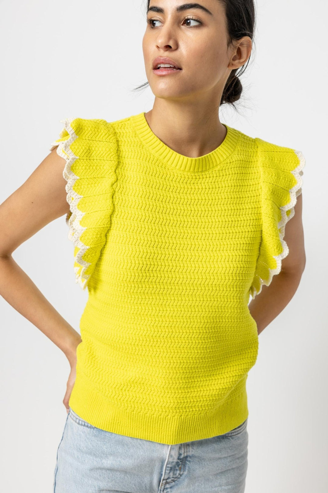 Lilla P - Tipped Sleeve Crewneck Sweater: Lemon Lime - Shorely Chic Boutique