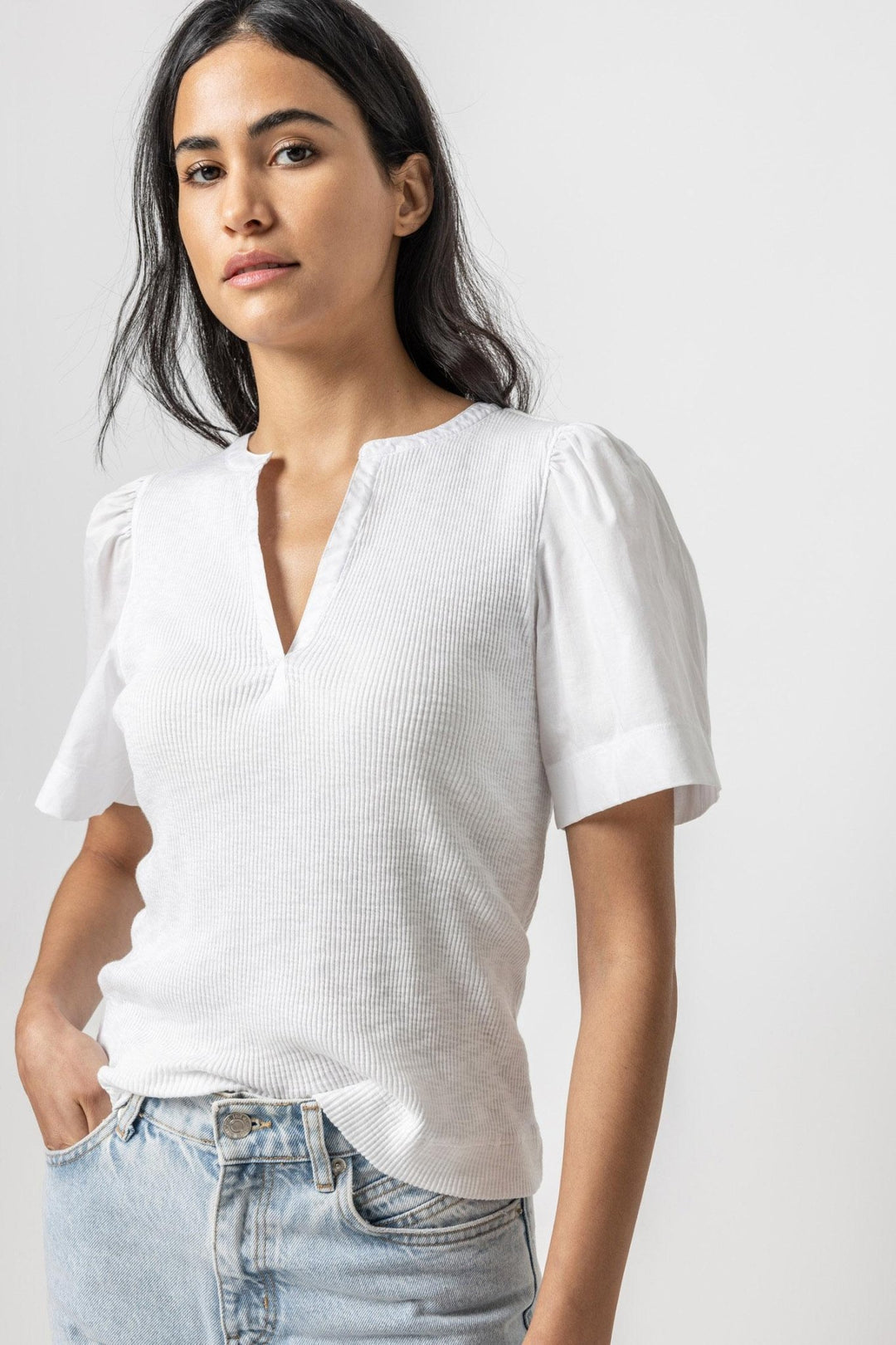 Lilla P - Woven Sleeve Split Neck S/S Tee: White - Shorely Chic Boutique