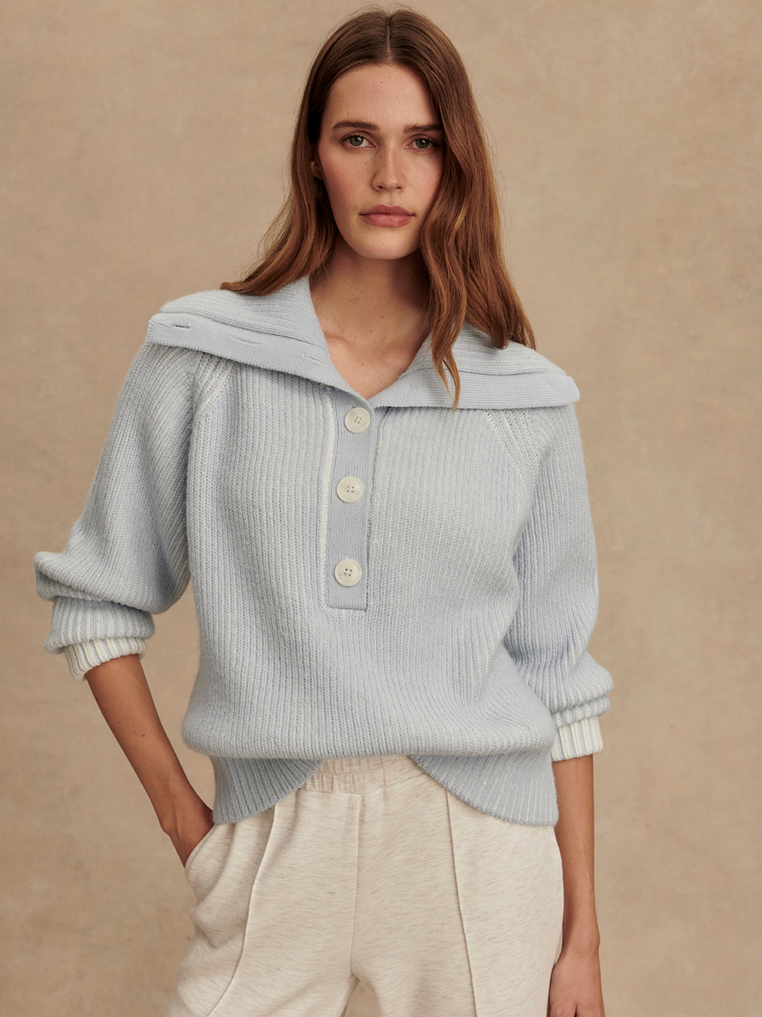 Varley -Filey Polo Knit Top: Mist Blue