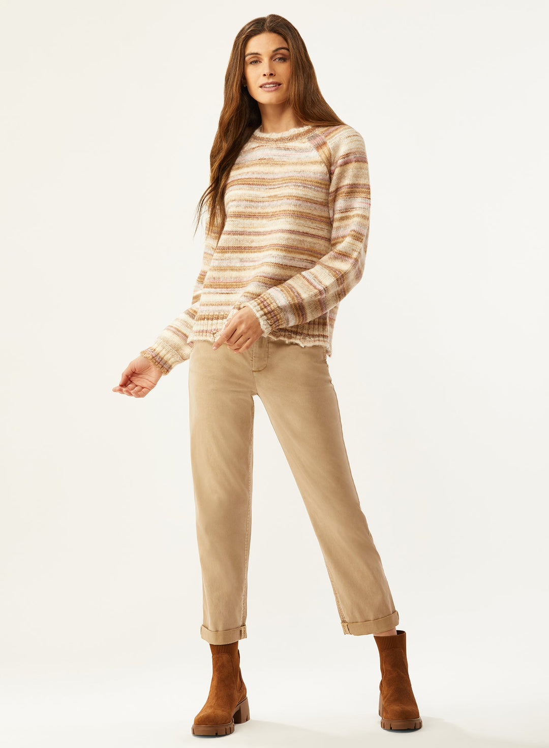 Ecru - Multi Space Dye Distressed Crew Sweater: Tan Combo - Shorely Chic Boutique