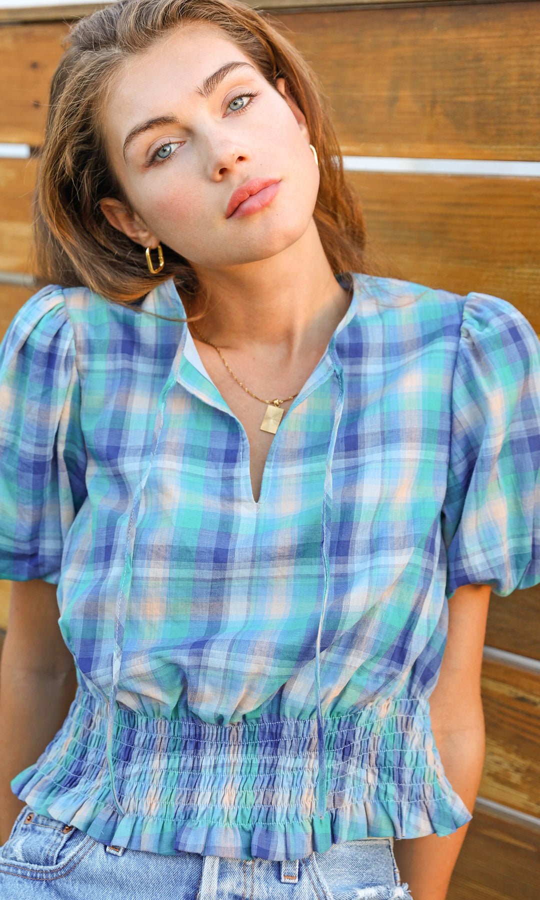 Greylin - Gellany Puff Sleeve Top: Cobalt Plaid - Shorely Chic Boutique