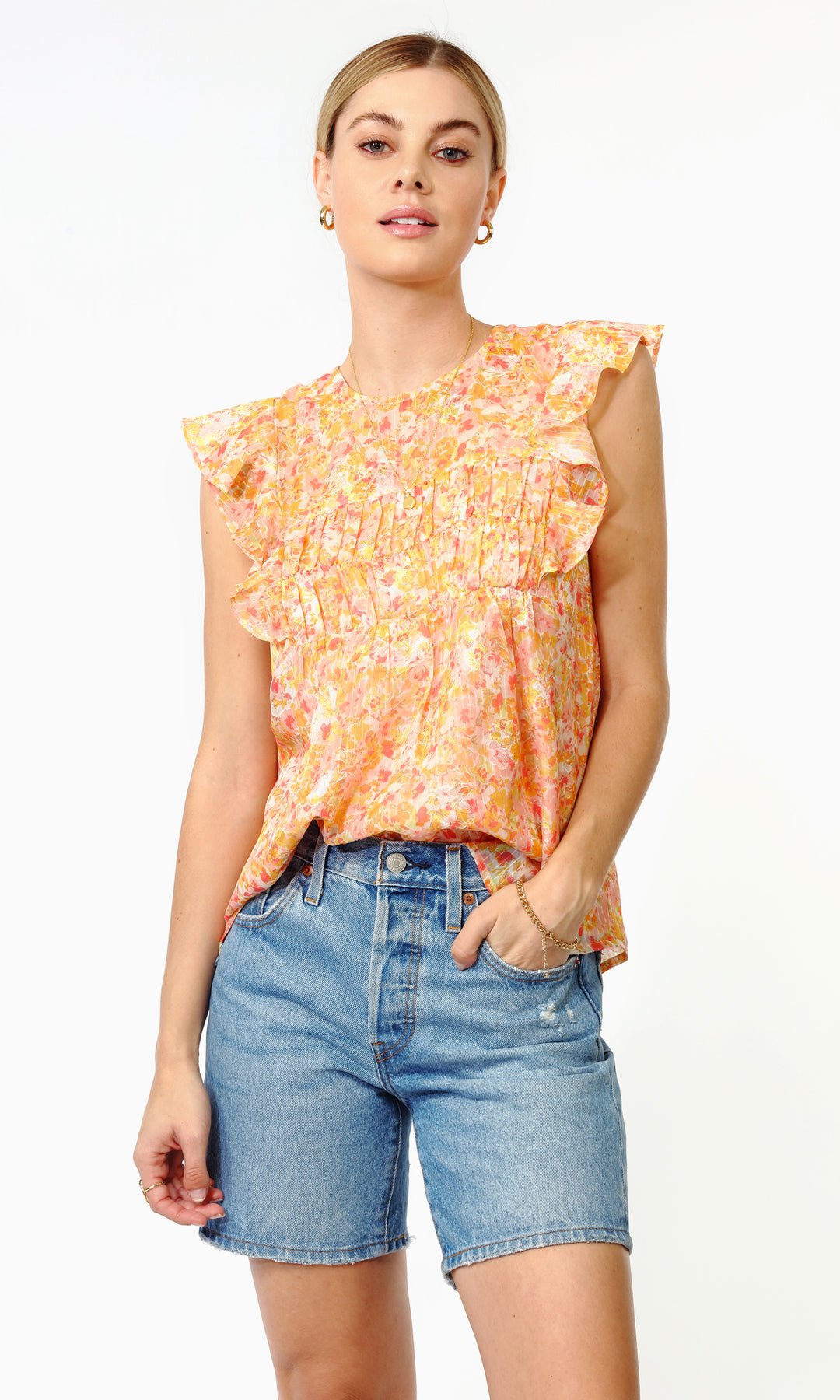 Greylin -Wynni Textured Chiffon Ruffled Top: Mango - Shorely Chic Boutique