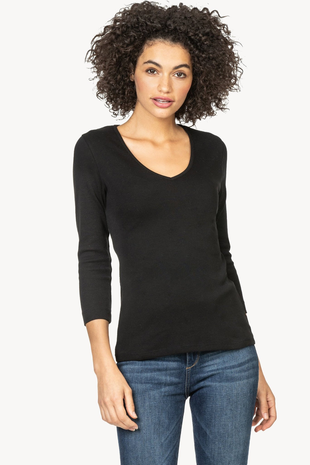 Lilla P - 3/4 Sleeve 1x1 Rib VNeck Tee - Black - Shorely Chic Boutique