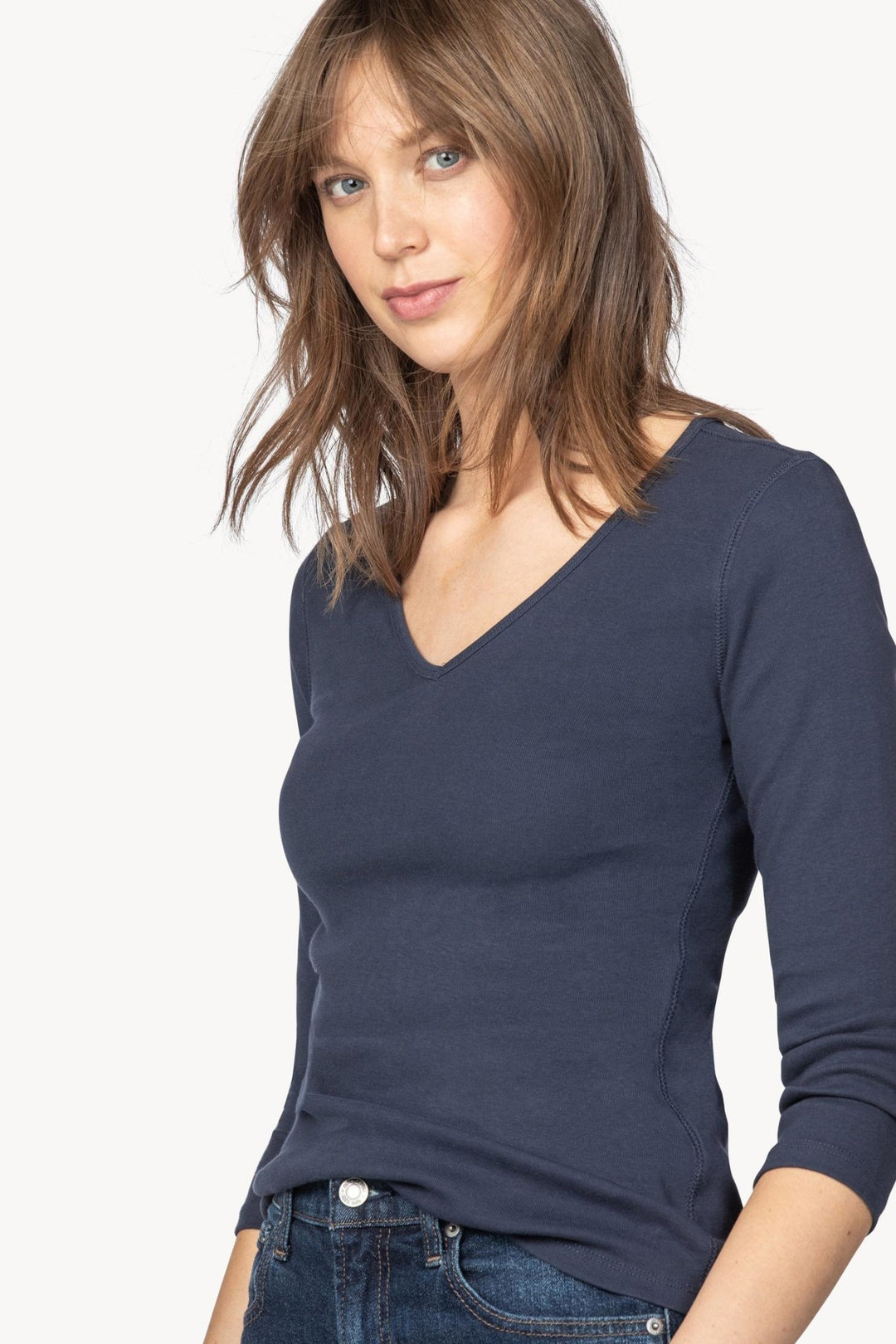 Lilla P - 3/4 Sleeve 1x1 Rib VNeck Tee - Navy - Shorely Chic Boutique