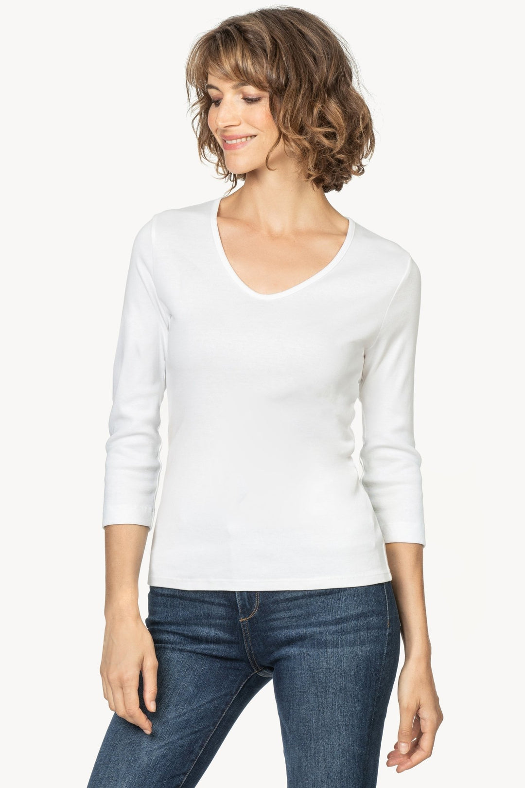 Lilla P - 3/4 Sleeve 1x1 Rib VNeck Tee - White - Shorely Chic Boutique