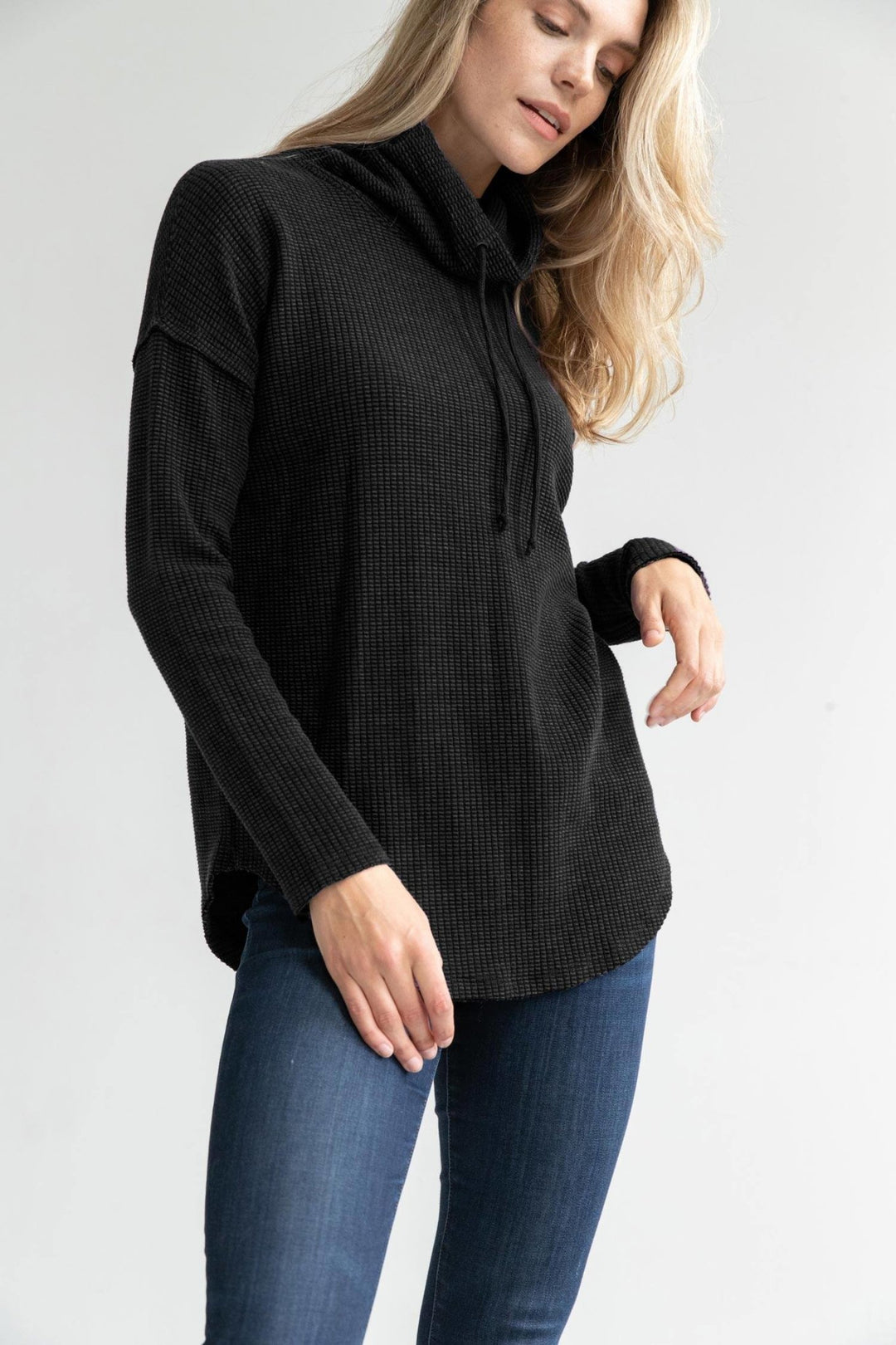 Lilla P - Dropped Shoulder Cowl Neck Waffle Top: Black - Shorely Chic Boutique