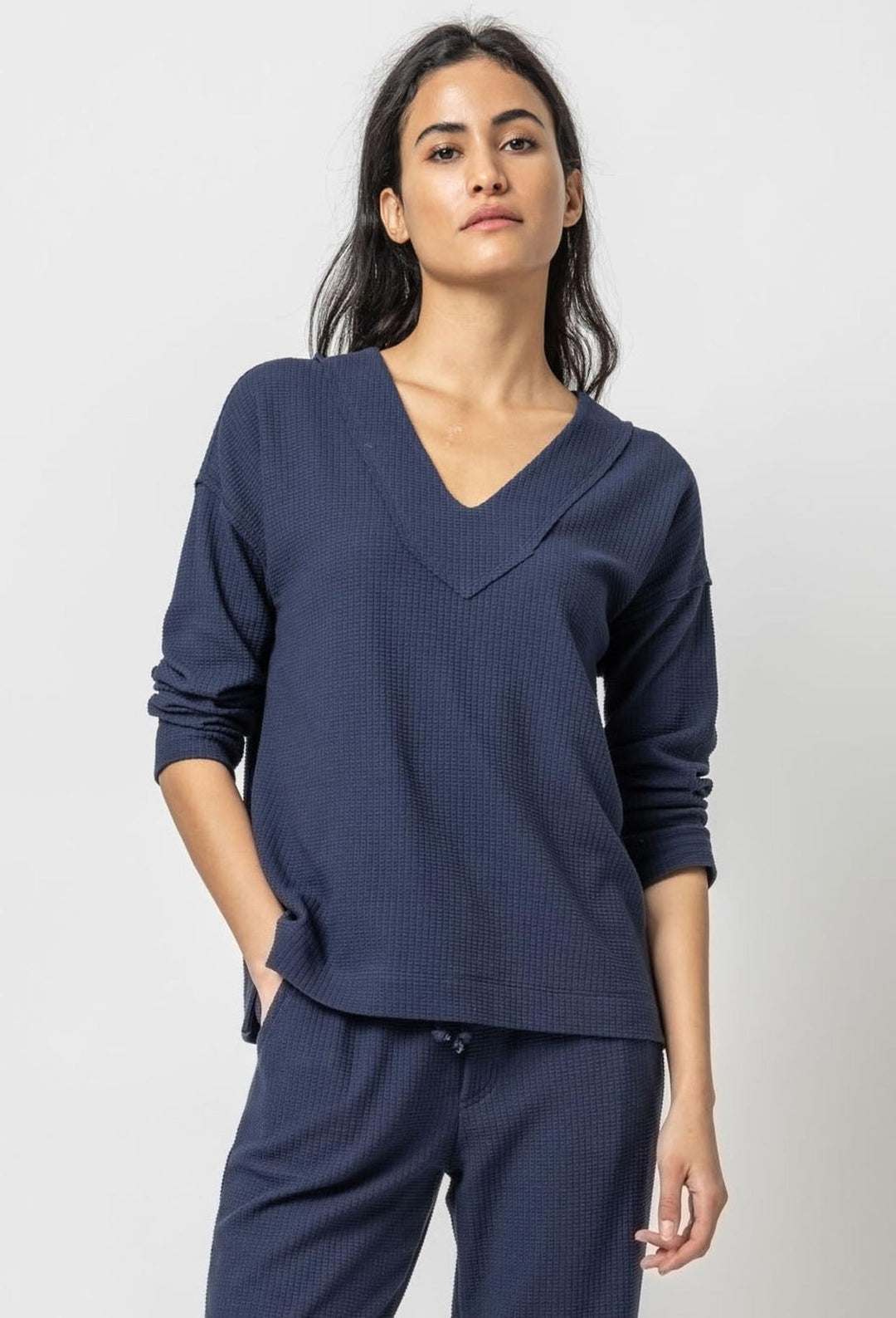 Lilla P - Easy Dropped Shoulder Waffle VNeck: Navy - Shorely Chic Boutique