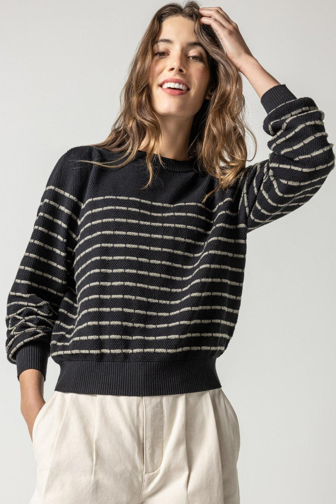 Lilla P - Full Sleeve Crewneck Stripe Sweater: Blk/Thyme - Shorely Chic Boutique