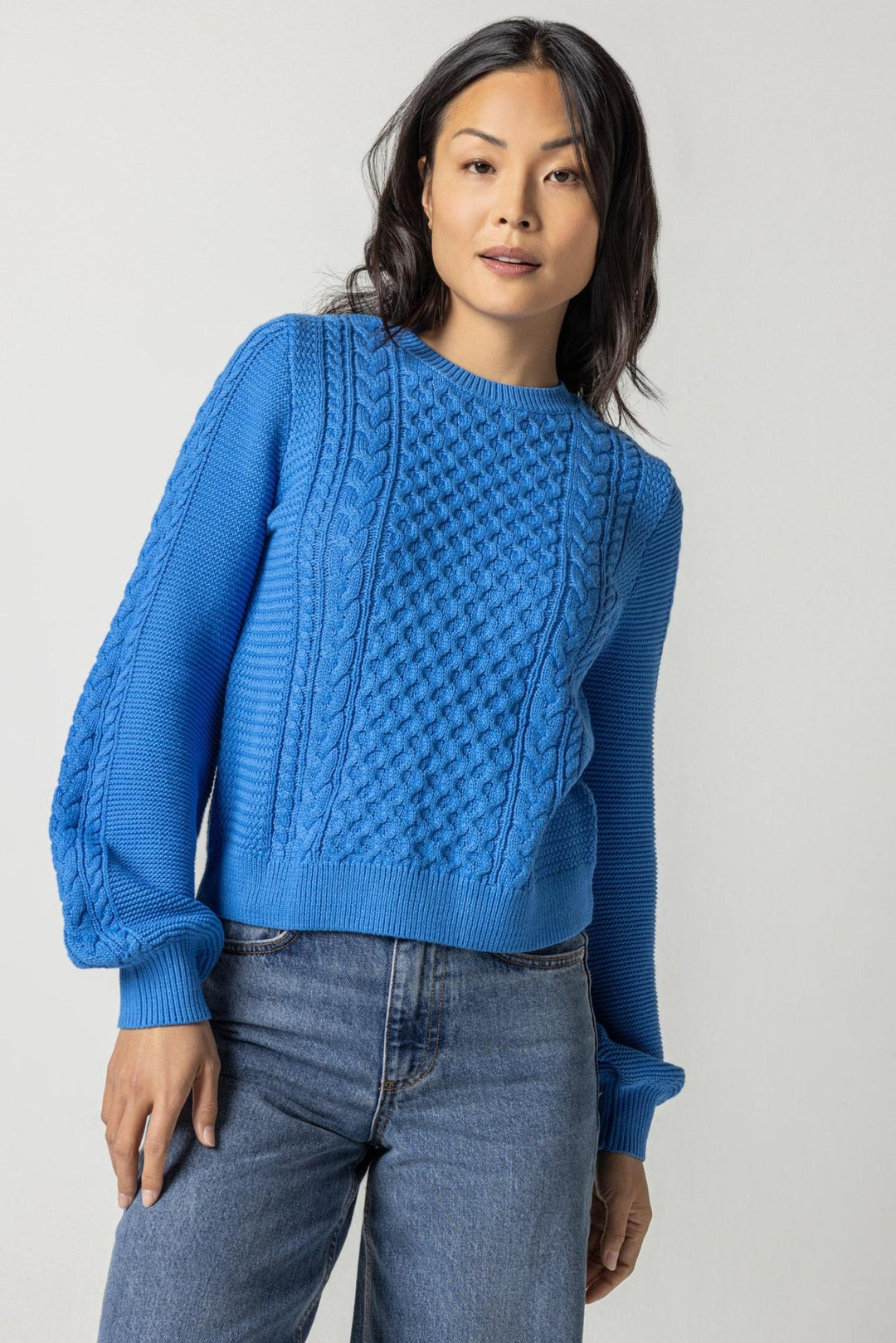 Lilla P - L/S Cable Crewneck Sweater: Lapis - Shorely Chic Boutique