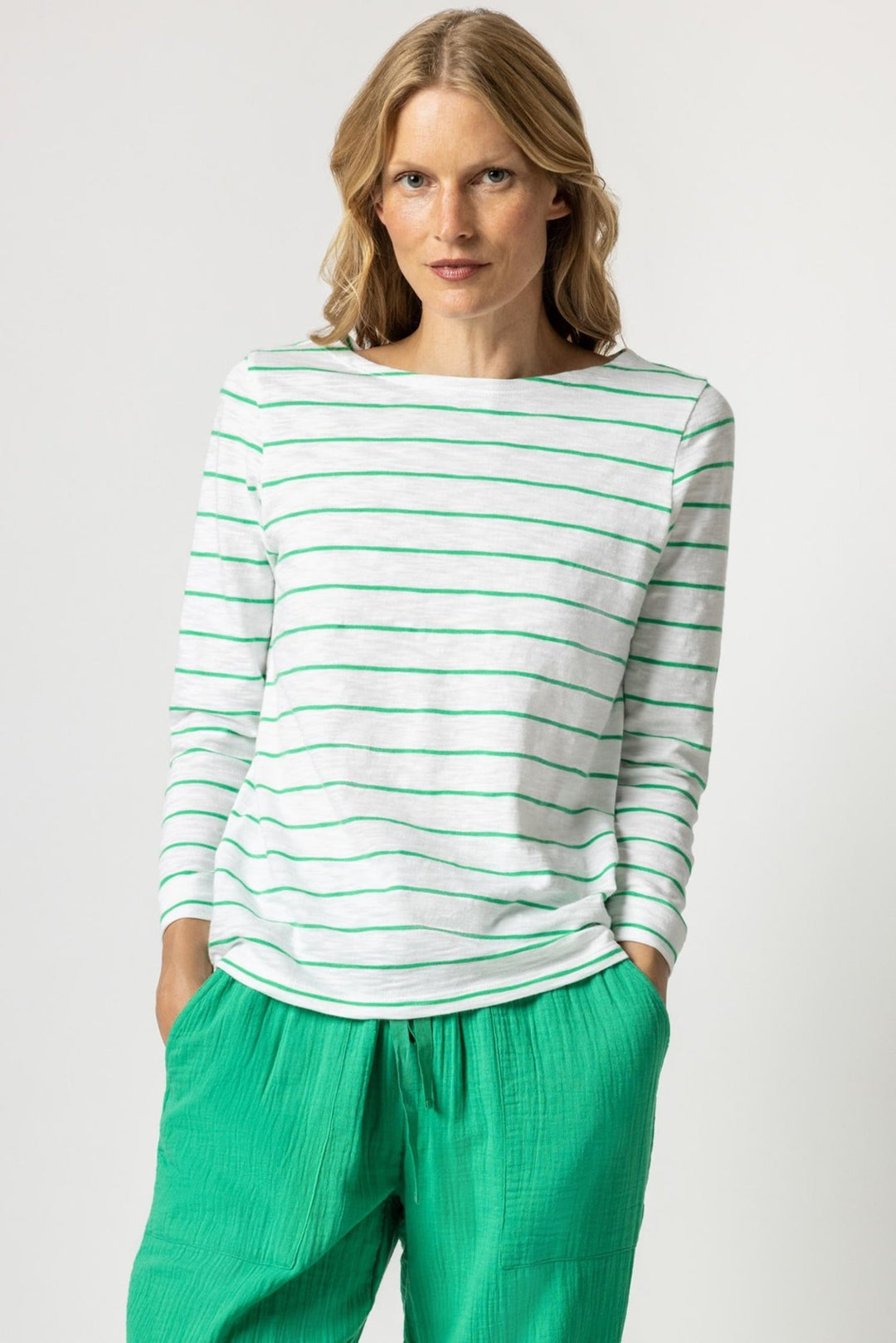 Lilla P - Striped 3/4 Sleeve Slub Boatneck: Garden Stripe - Shorely Chic Boutique