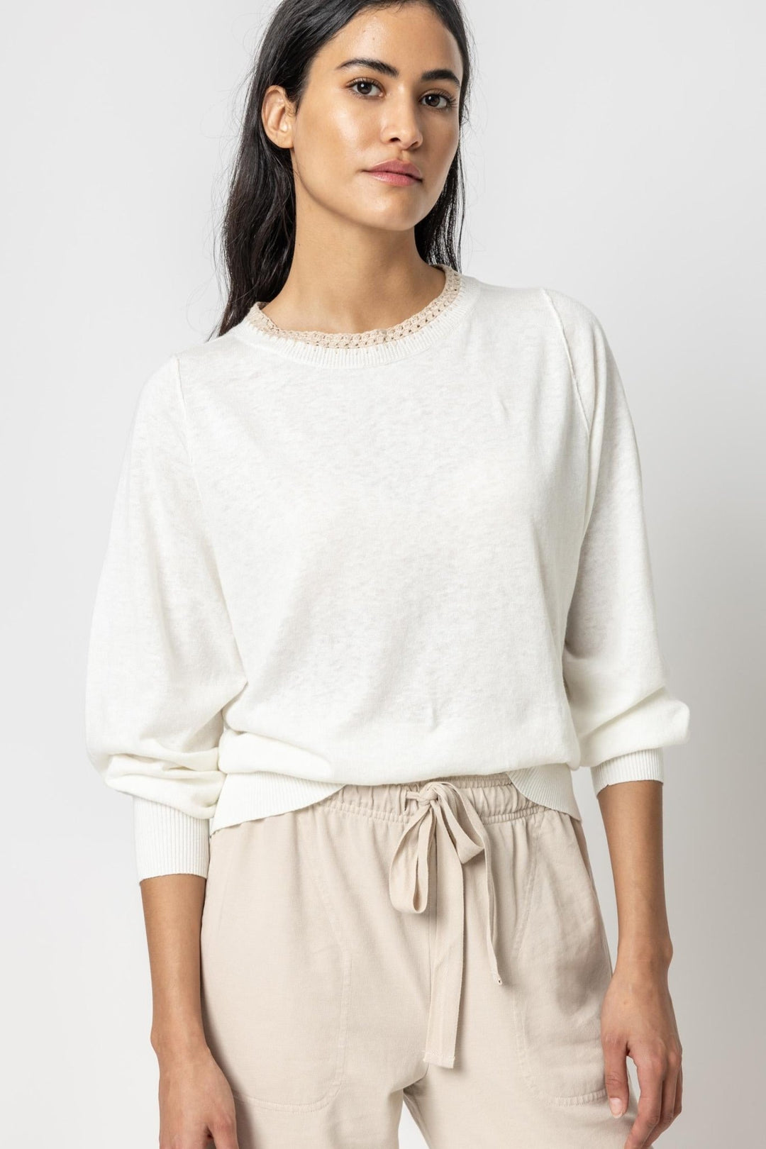 Lilla P - TCrochet Trim Sweater: Wht/Linen - Shorely Chic Boutique
