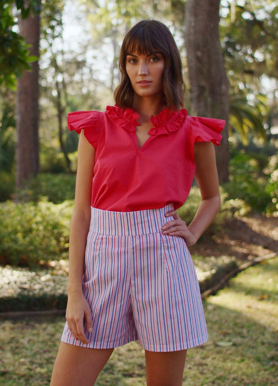 Never A Wallflower - Rachel Flutter Sleeve Top: Red