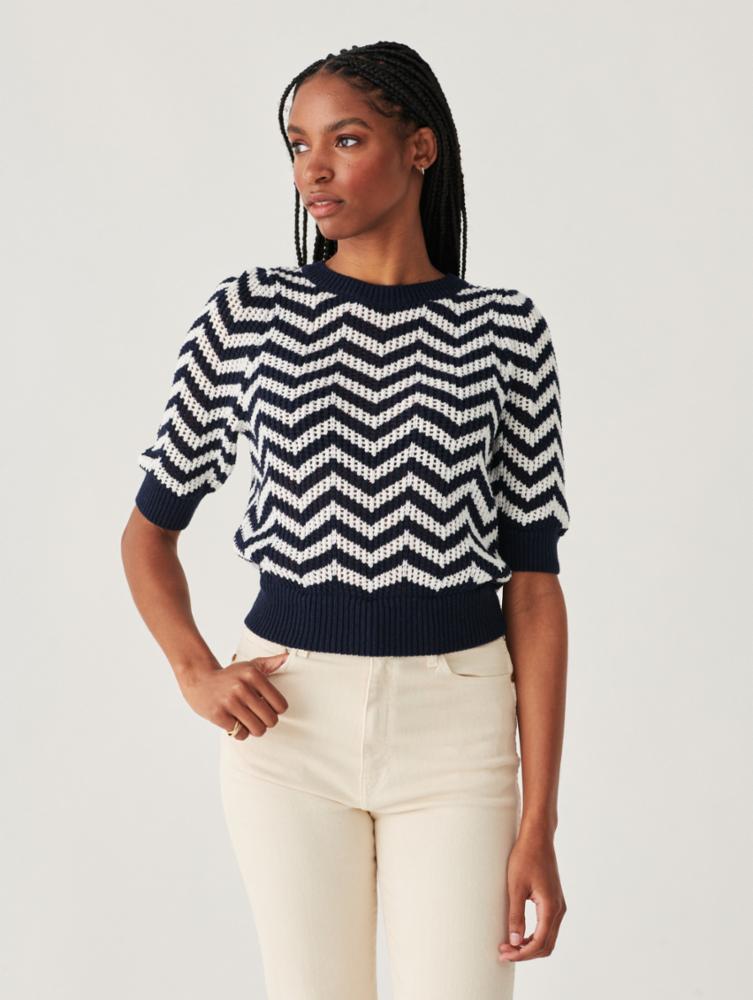 White & Warren - Cotton Tape Chevron Stripe Mesh Top: Navy/Wht - Shorely Chic Boutique