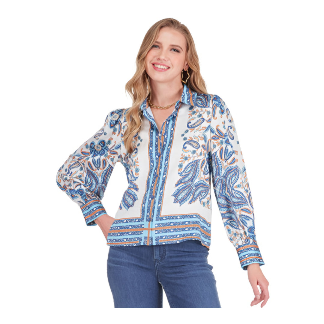 Joy Joy - L/S Scarf Print Blouse: Blue/Brown Multi