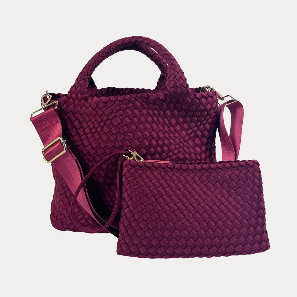 Adhorned - Lily Woven Neoprene Tote with Pouch: Burgundy - Shorely Chic Boutique