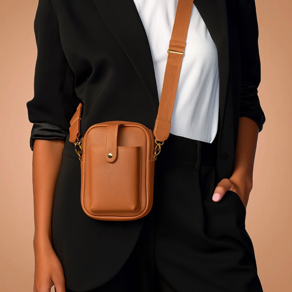 Ahdorned: Maya Vegan Leather Crossbody Phone Bag: Camel - Shorely Chic Boutique