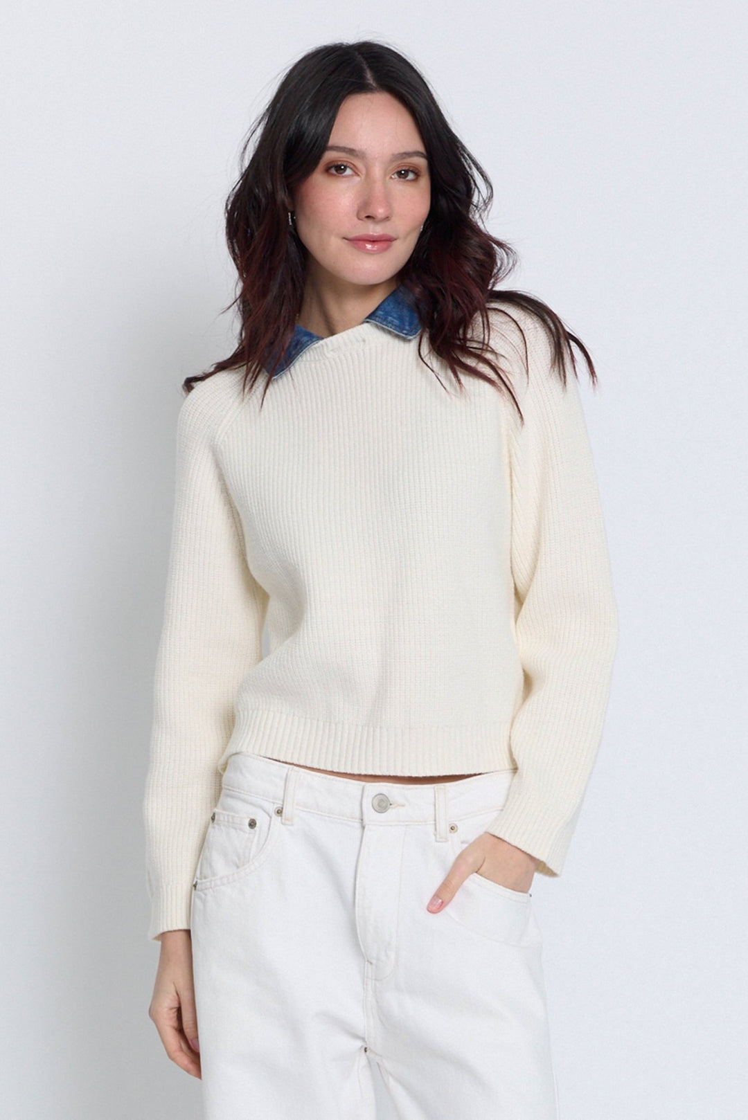 Central Park West - Nash Denim Collar Sweater: Ivory - Shorely Chic Boutique