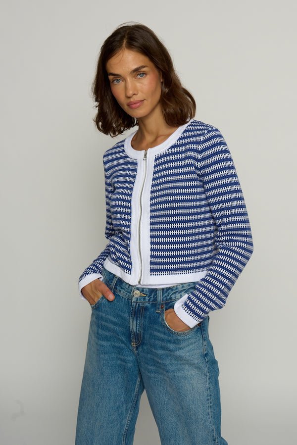 Central Park West - Stripe Zip Up Cardigan: Blue/Wht - Shorely Chic Boutique