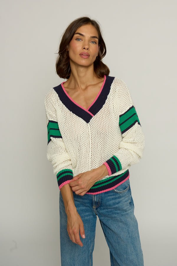 Central Park West - Varsity Stripe Mesh Sweater: Cream/Blu/Pnk - Shorely Chic Boutique