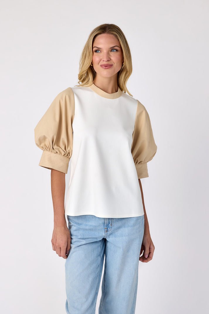 Crosby: Jonesy S/S Puff Sleeve Top: Magnolia/Ecru - Shorely Chic Boutique