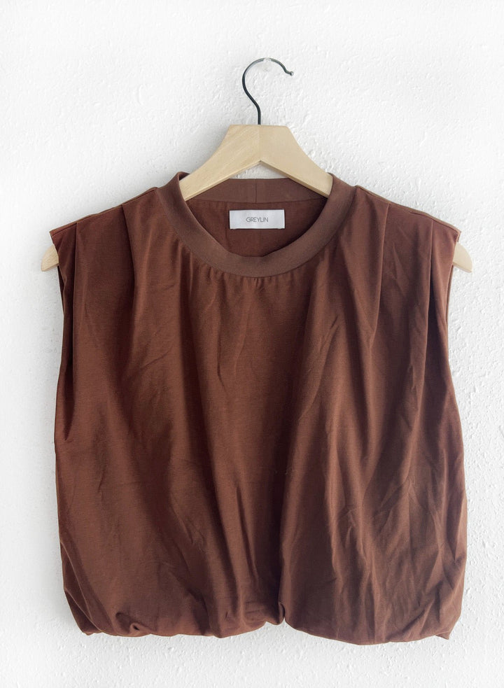 Greylin: Alisa Padded Shoulder Jersey Bubble Top: Brown - Shorely Chic Boutique