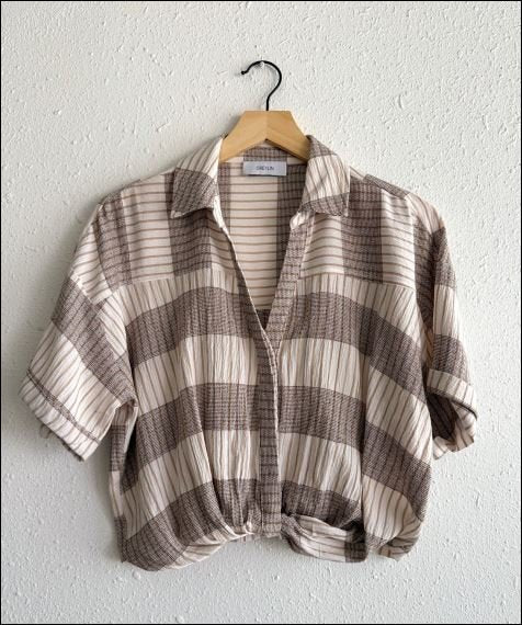 Greylin: Ally Stripe Twist Front Shirt: Tan - Shorely Chic Boutique