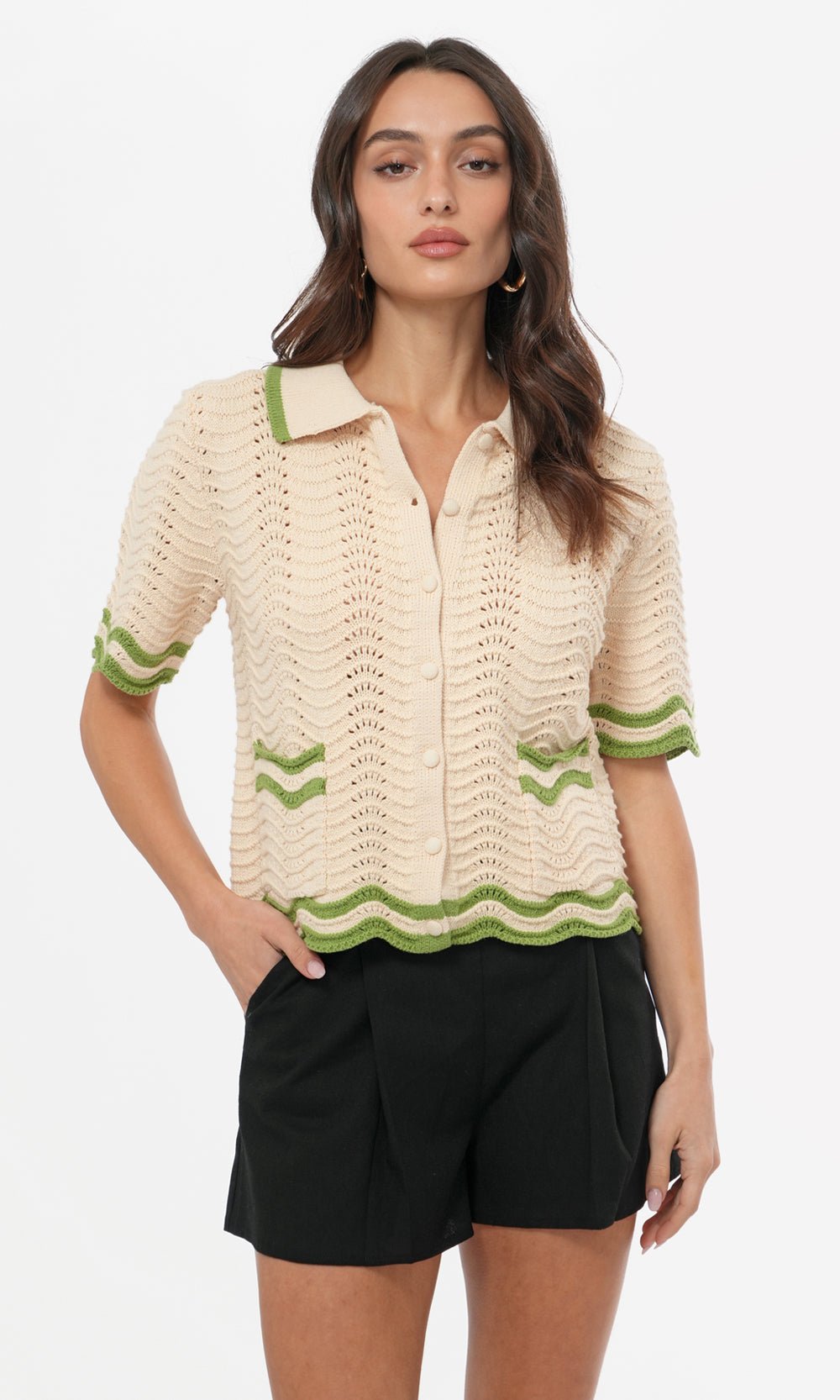 Greylin: Amelia Scallop Hem Button Up Crochet Cardigan: Cream Sage - Shorely Chic Boutique