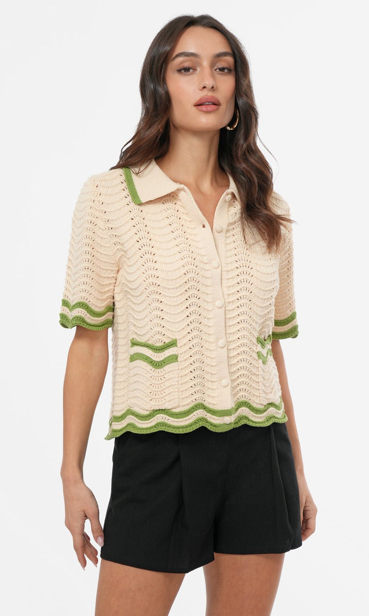 Greylin: Amelia Scallop Hem Button Up Crochet Cardigan: Cream Sage - Shorely Chic Boutique
