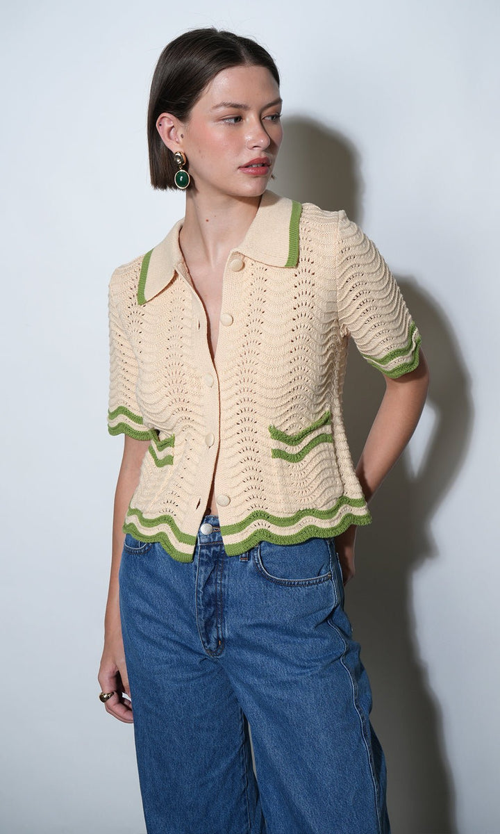 Greylin: Amelia Scallop Hem Button Up Crochet Cardigan: Cream Sage - Shorely Chic Boutique