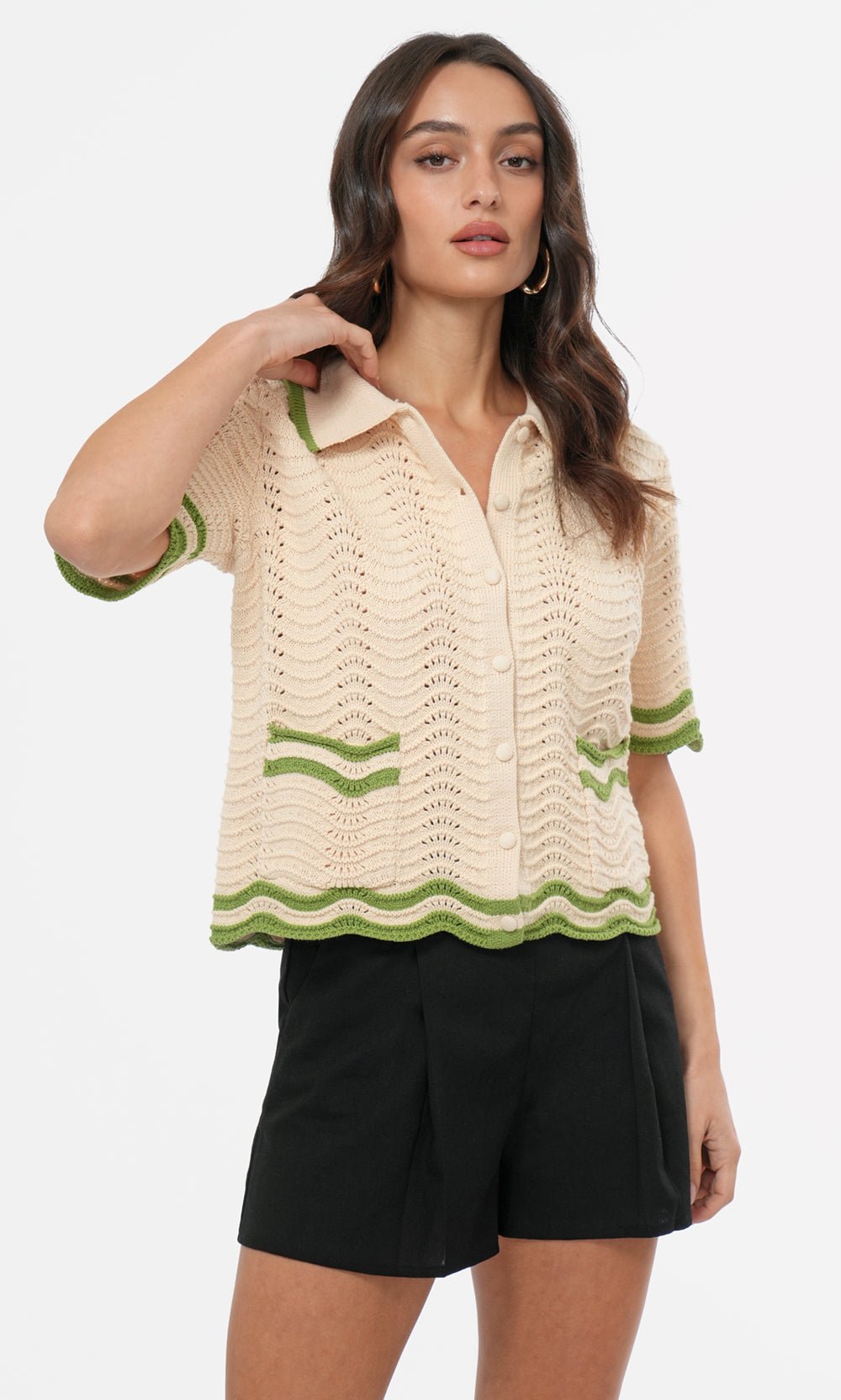 Greylin: Amelia Scallop Hem Button Up Crochet Cardigan: Cream Sage - Shorely Chic Boutique