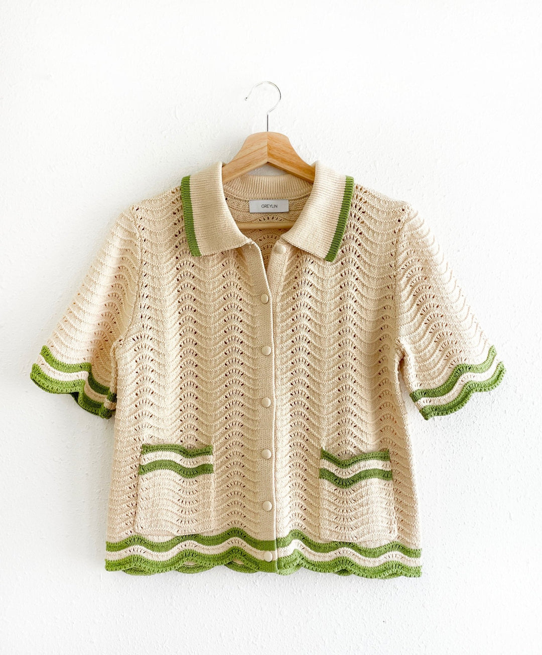 Greylin: Amelia Scallop Hem Button Up Crochet Cardigan: Cream Sage - Shorely Chic Boutique