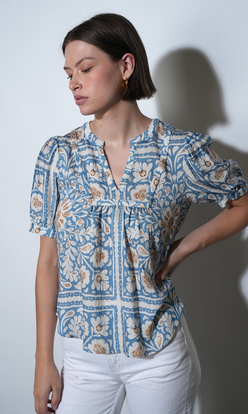 Greylin: Charlotte Split Neck Elbow Sleeve Top: Dusty Blue - Shorely Chic Boutique