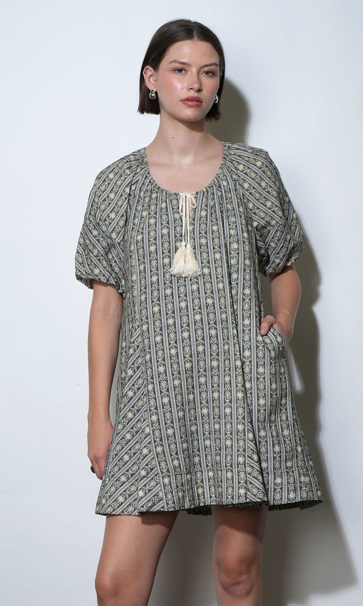 Greylin: Elena Stripe Pattern Bubble Sleeve Dress: Slate - Shorely Chic Boutique