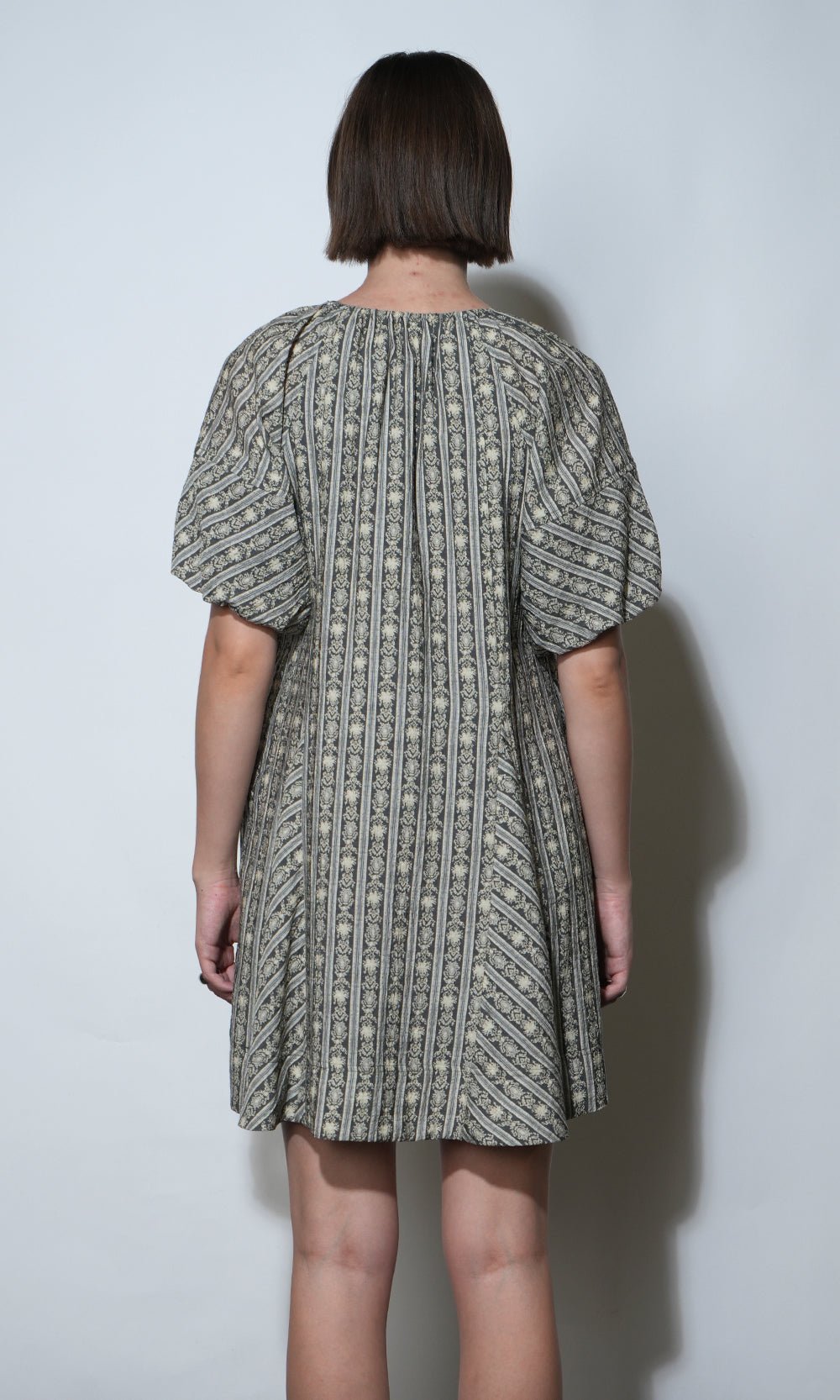 Greylin: Elena Stripe Pattern Bubble Sleeve Dress: Slate - Shorely Chic Boutique