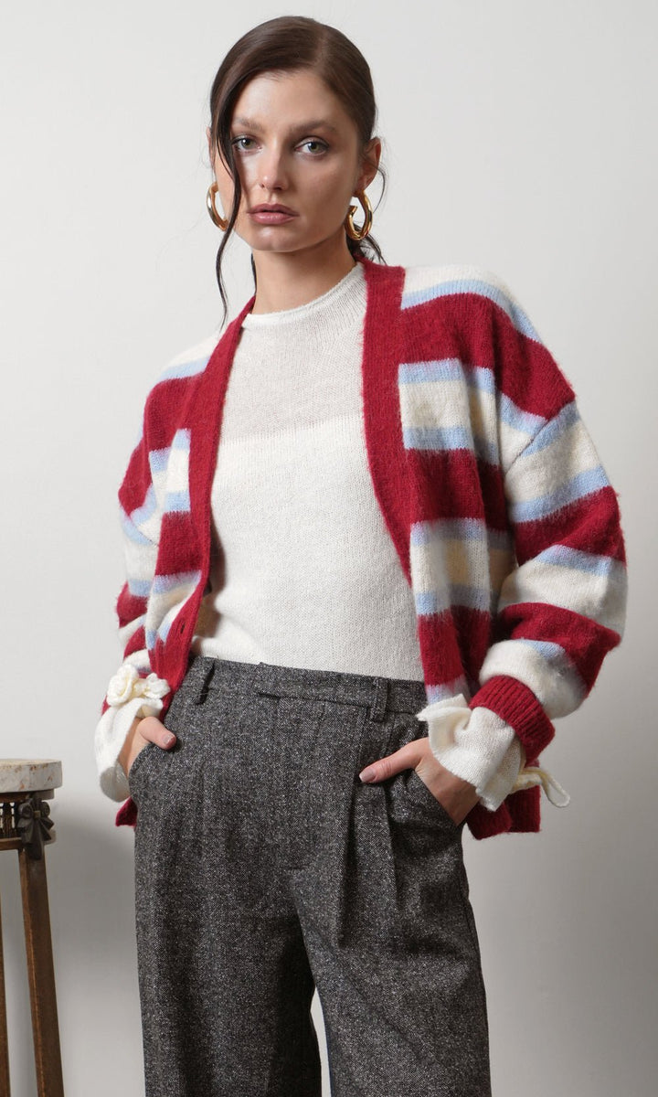 Greylin: Fallon Cozy Oversized Stripe Cardigan: Red Combo - Shorely Chic Boutique