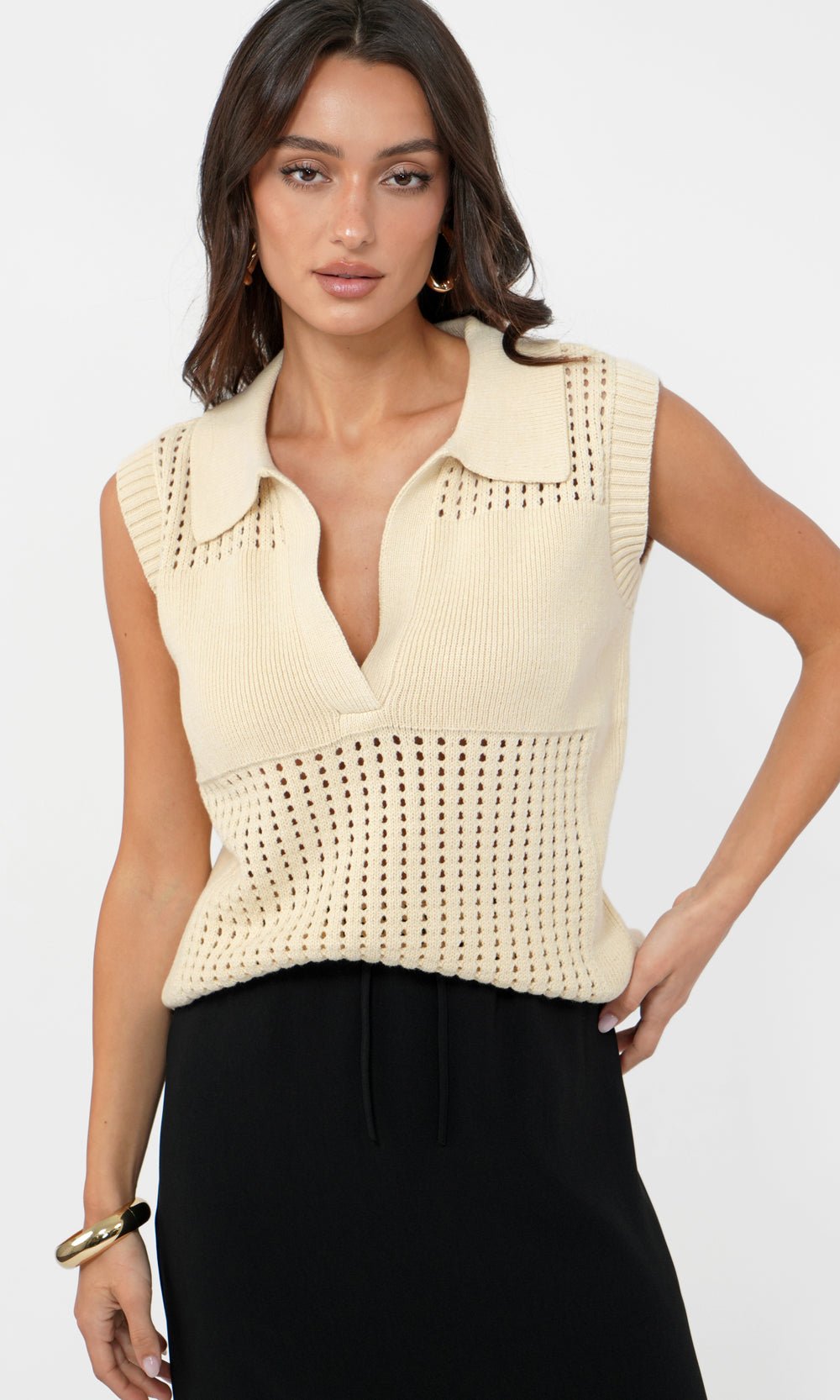 Greylin: Gordon Open Knit Paneled Sweater Top: Cream - Shorely Chic Boutique