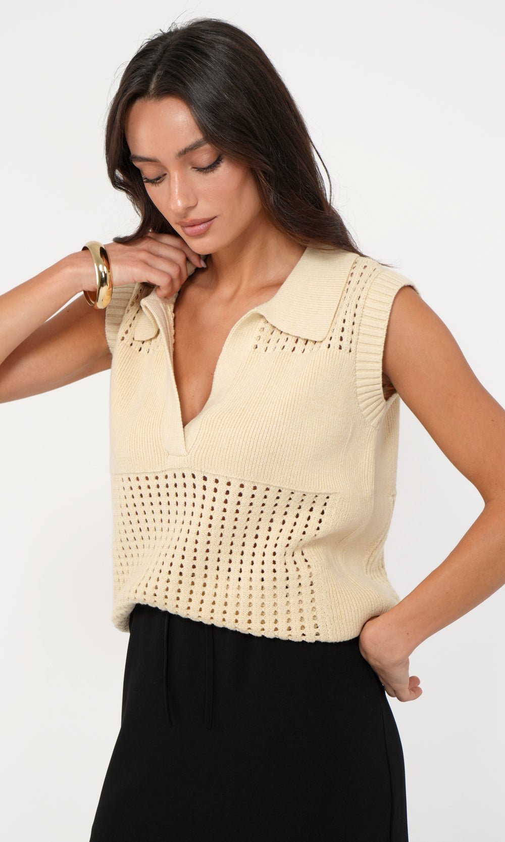 Greylin: Gordon Open Knit Paneled Sweater Top: Cream - Shorely Chic Boutique