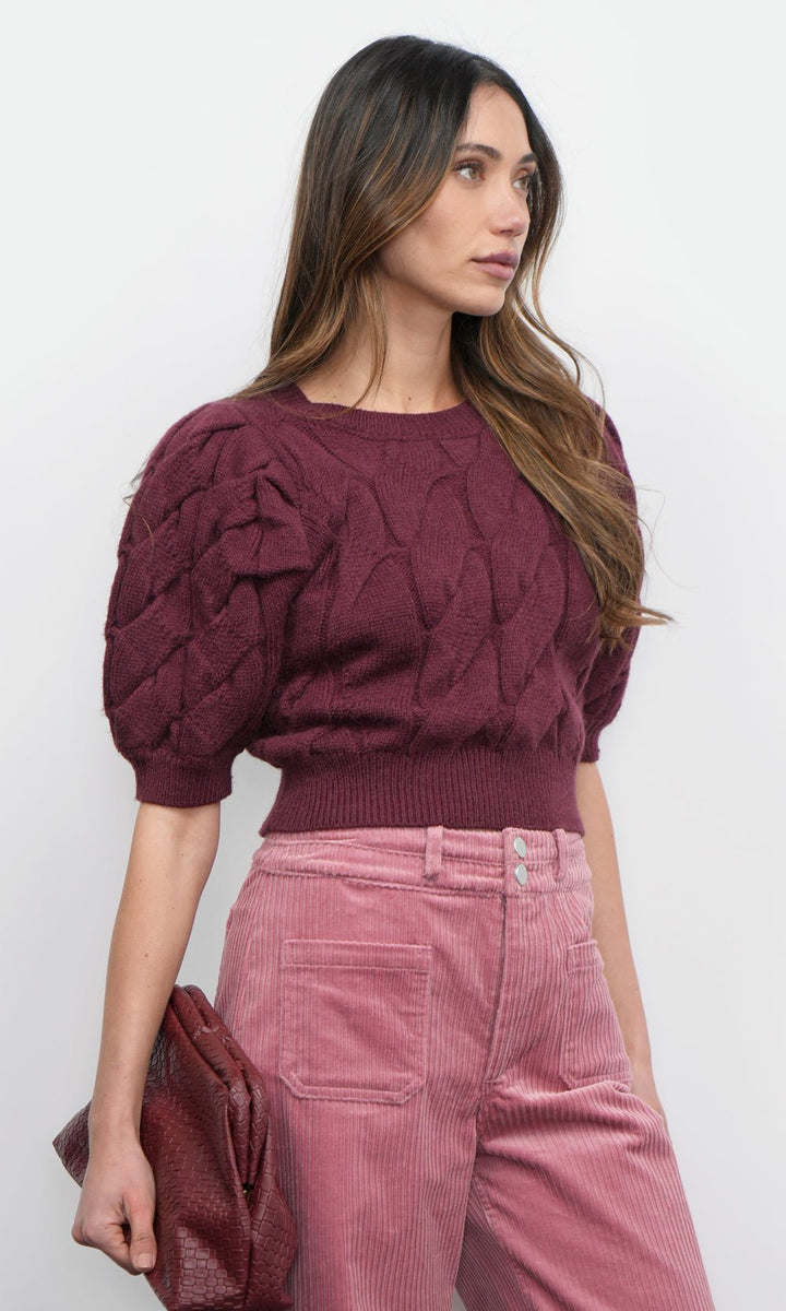Greylin: Hallie Cable Knit Puff Sleeve Sweater: Aubergine - Shorely Chic Boutique