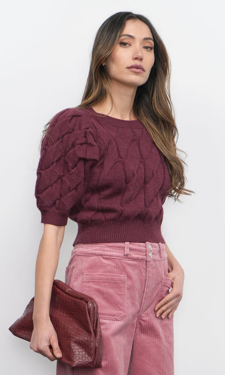 Greylin: Hallie Cable Knit Puff Sleeve Sweater: Aubergine - Shorely Chic Boutique
