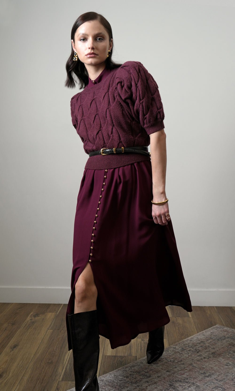 Greylin: Hallie Cable Knit Puff Sleeve Sweater: Aubergine - Shorely Chic Boutique