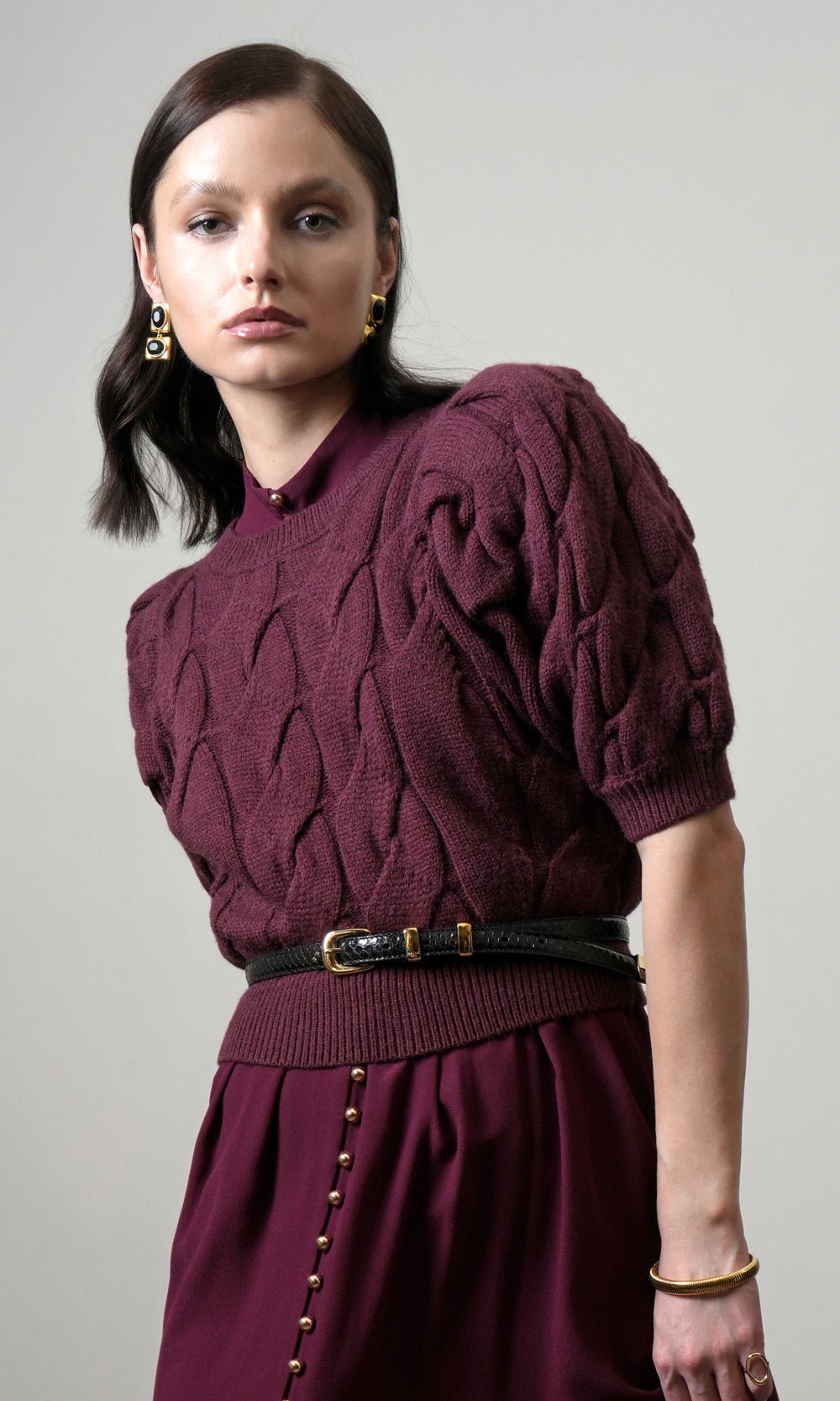 Greylin: Hallie Cable Knit Puff Sleeve Sweater: Aubergine - Shorely Chic Boutique