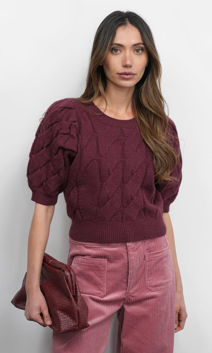Greylin: Hallie Cable Knit Puff Sleeve Sweater: Aubergine - Shorely Chic Boutique